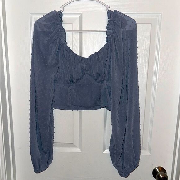 SHEIN Elegant Women's Swiss dot smocked back long sleeves crop Top EUC - Picture 1 of 5